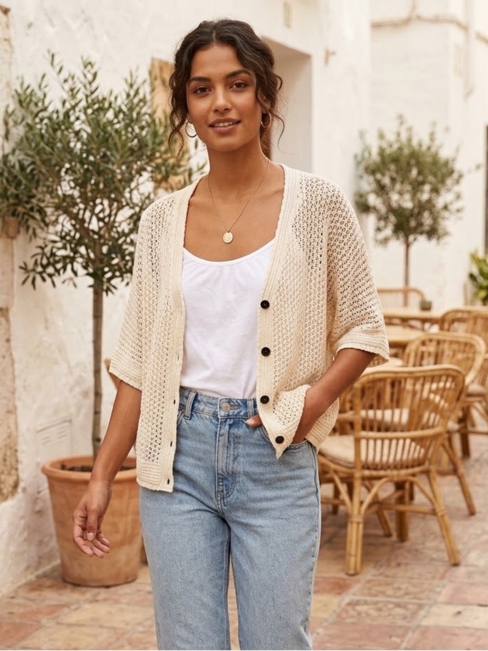 Crochet Cream Open Knit Button-Front Cardigan Ramie/Cotton Lightweight Large